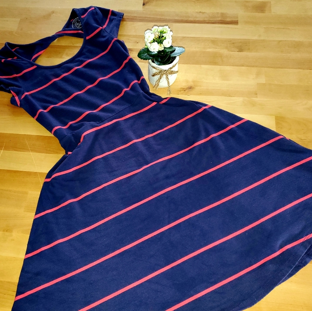 Blue Dress with pink lines.